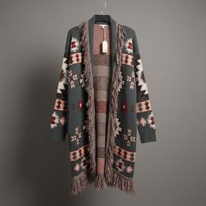 Women's Aztec Print Fringe Cardigan Sweater | Long Open Front Knit Duster